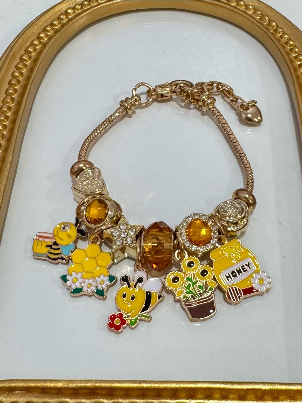 New Gold-Tone Bee Charm Bracelet with Yellow Accents 7 inches plus extender